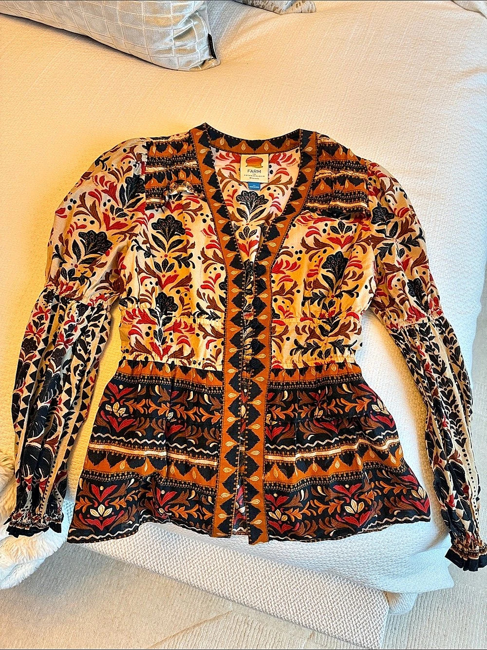 FARM Rio x Anthropologie Floral Puff Sleeve Peplum Blouse XS